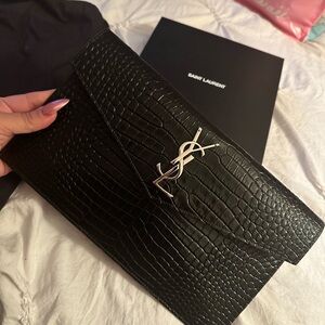 YSL UPTOWN POUCH IN CROCODILE-EMBOSSED SHINY LEATHER black
